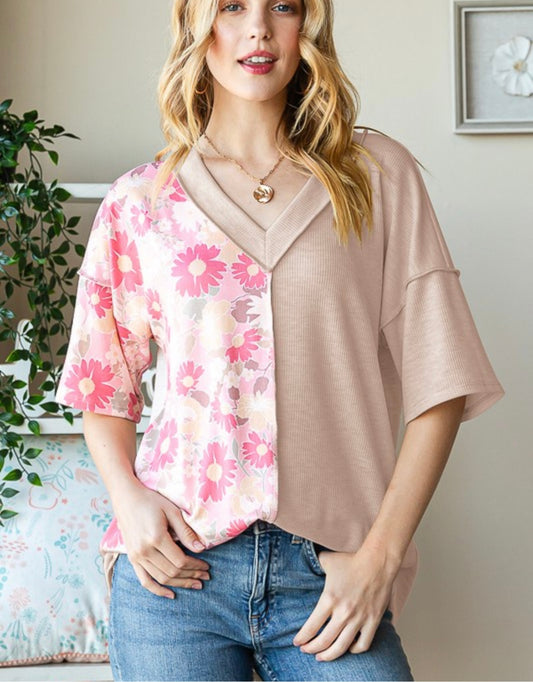 Floral and Solid Spring Top